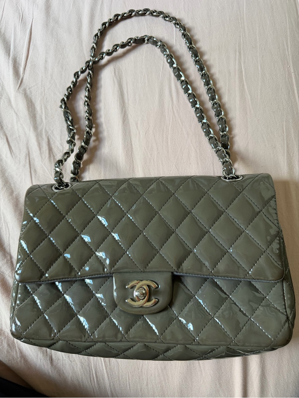Chanel Quilted Patent Leather Double Flap Shoulder Bag in Gray